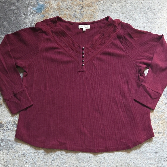 Lucky Brand Waffle Knit Maroon V-Neck Blouse - Picture 1 of 6